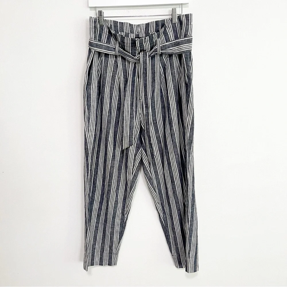 BOGO! Madewell Linen Blend Paperbag Waist Striped Pants Navy 8 - Picture 4 of 10